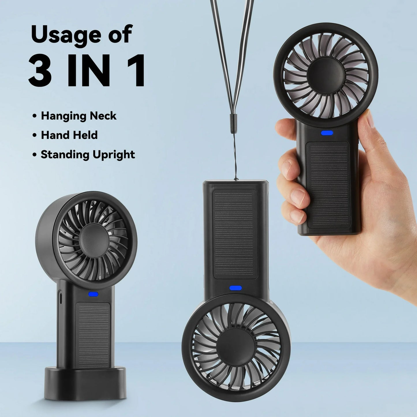 Solar Handheld Fan – 5-Speed Rechargeable Camping Blower