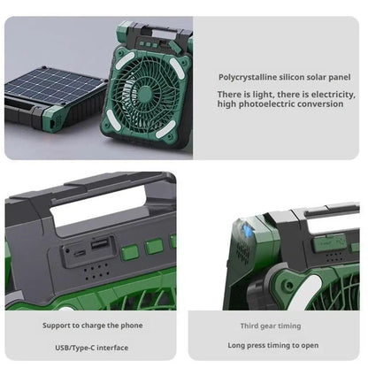 Solar Camping Fan & LED Light with USB & Power Bank