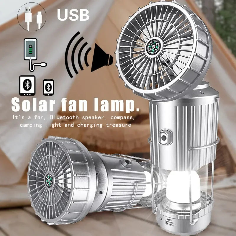 Camping BBQ LED Solar Portable Fan – Rechargeable & Lightweight