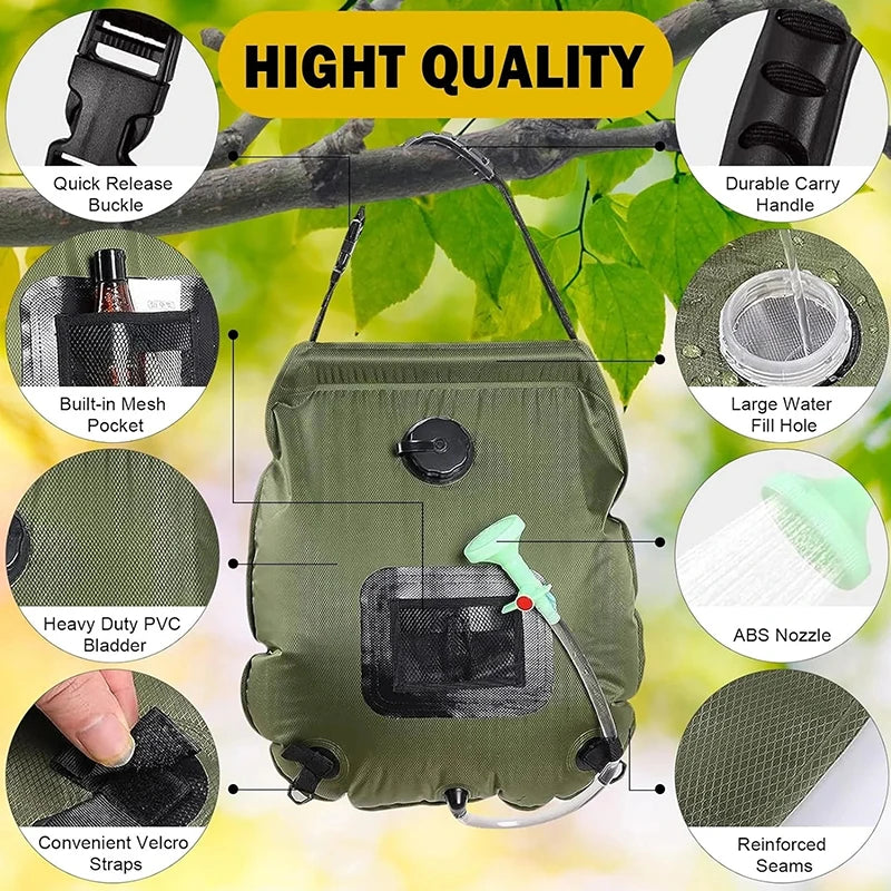 20L Solar Shower Bag for Camping with Hose & Shower Head