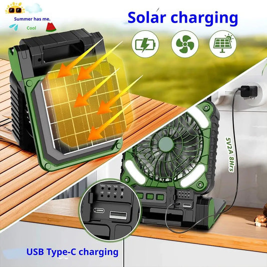 Solar Camping Fan & LED Light with USB & Power Bank