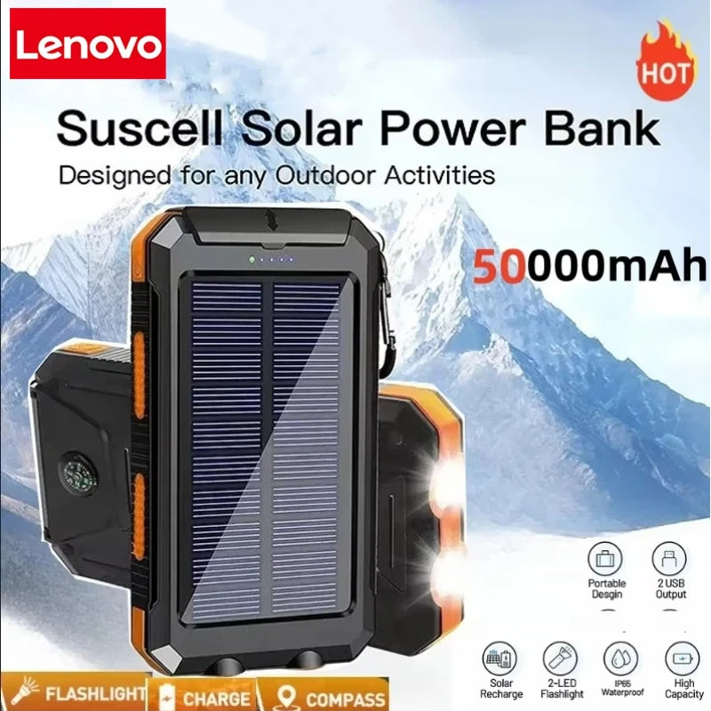Lenovo 50000mAh Solar Power Bank Portable Charging Poverbank External Battery Charger Strong Light LDE Light for iphone Samsung