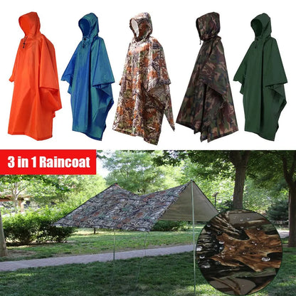 3-in-1 Waterproof Raincoat Poncho Backpack Cover & Tent Mat