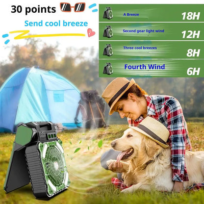 Solar Camping Fan & LED Light with USB & Power Bank